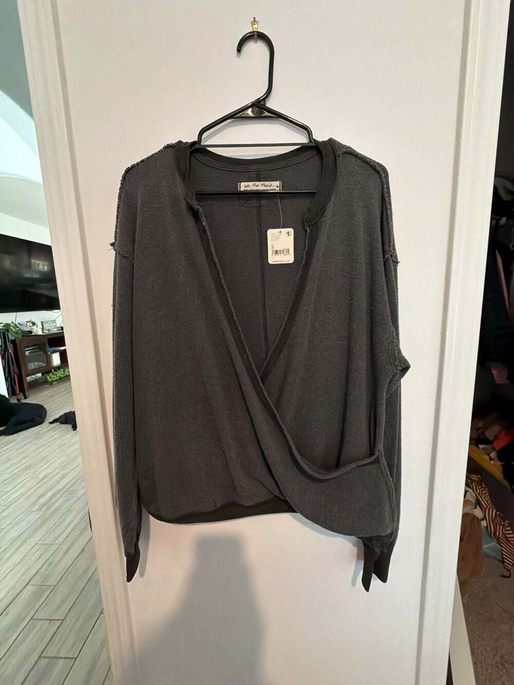 Free People We The Free Washed Black Wrap V-Neck Long Sleeve Top